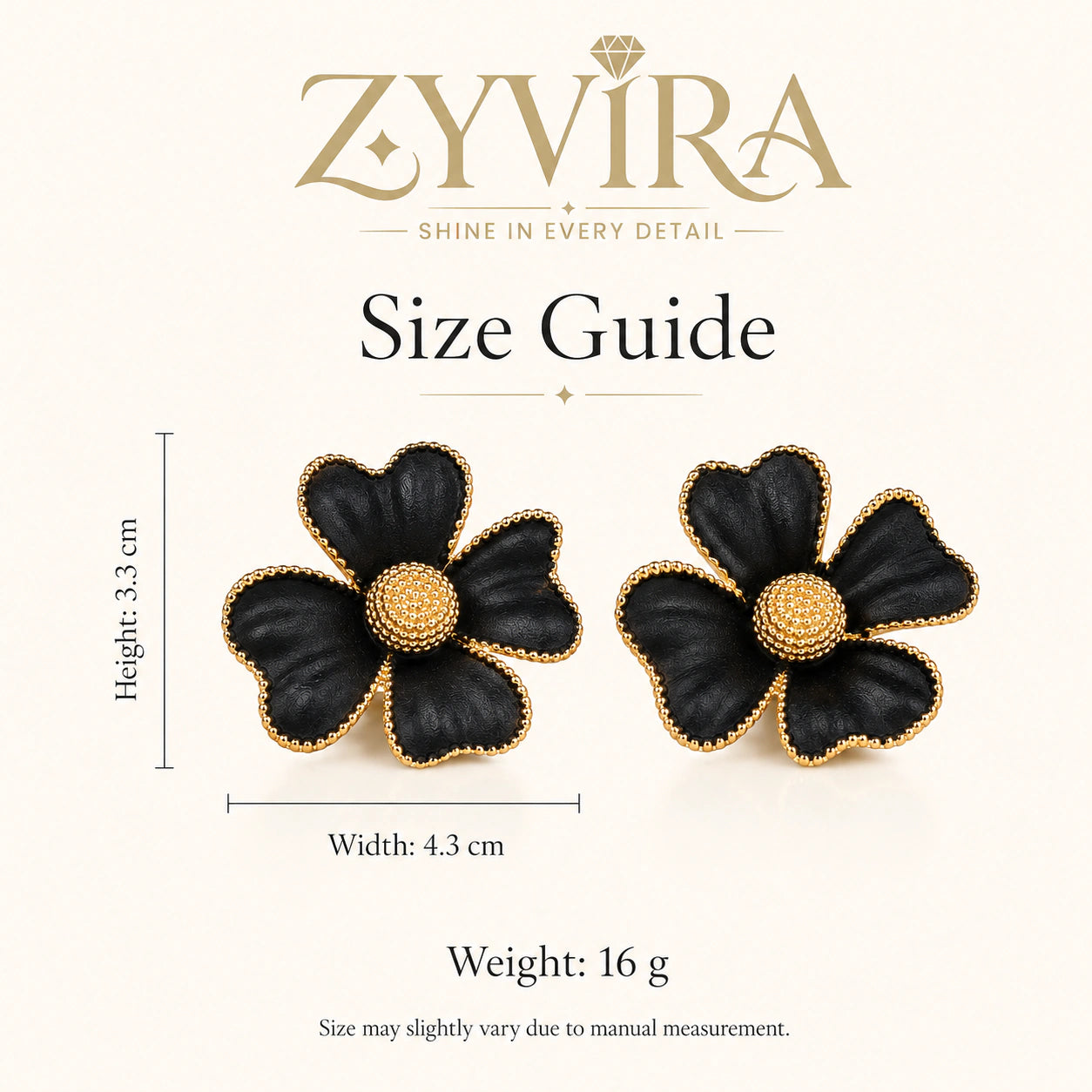 Size guide showing the proportions of black gold floral earrings