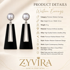 Product details card for black pearl geometric dangle earrings