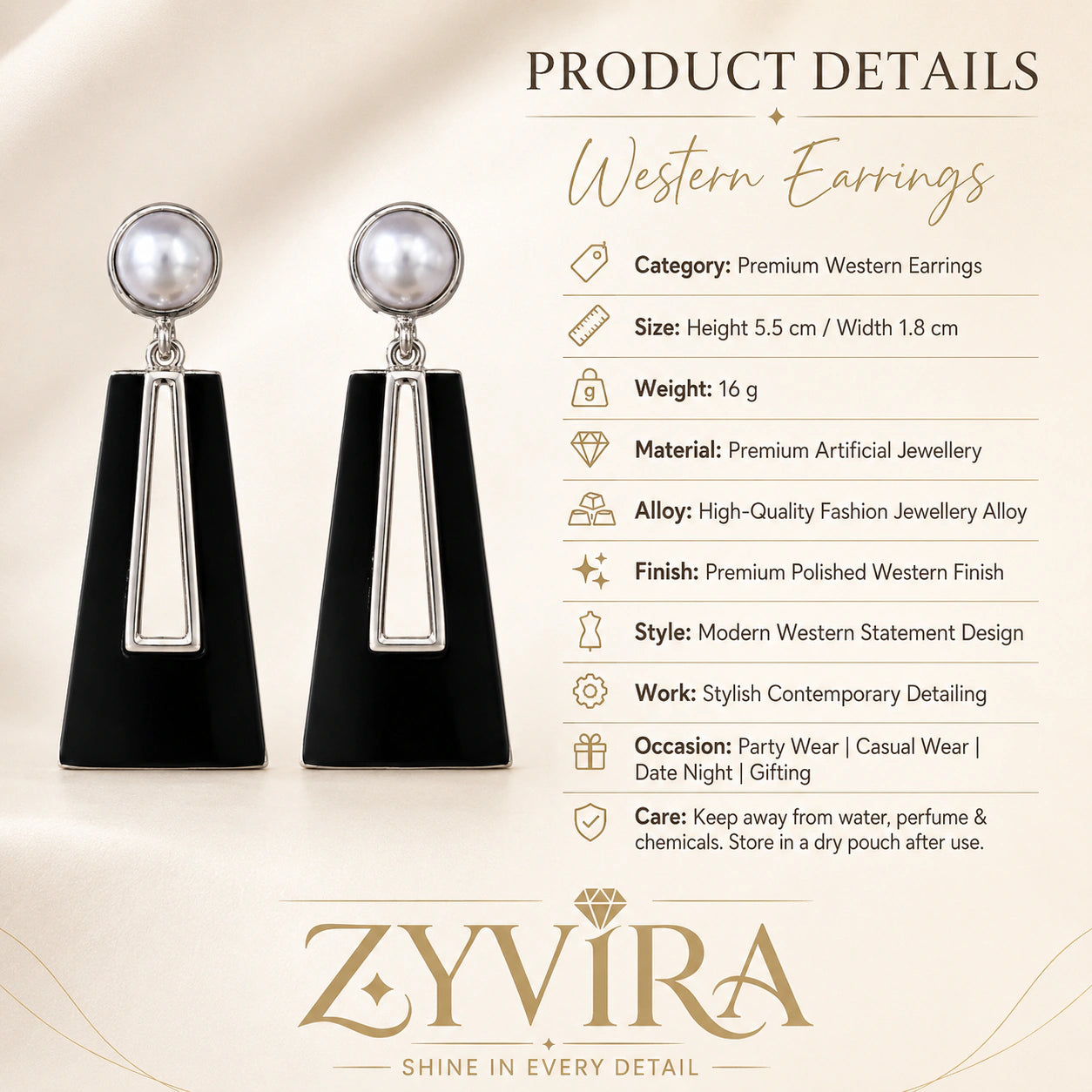 Product details card for black pearl geometric dangle earrings