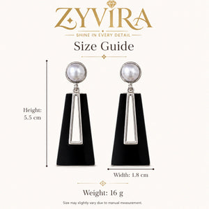 Size guide showing the proportions of black pearl geometric earrings