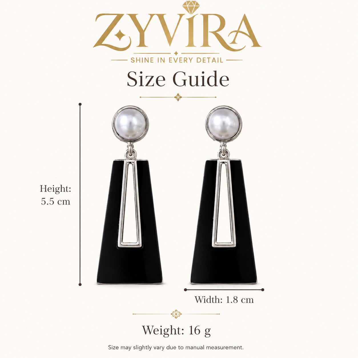 Size guide showing the proportions of black pearl geometric earrings