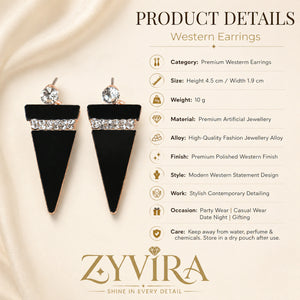 Product details card for black rose-gold crystal geometric earrings