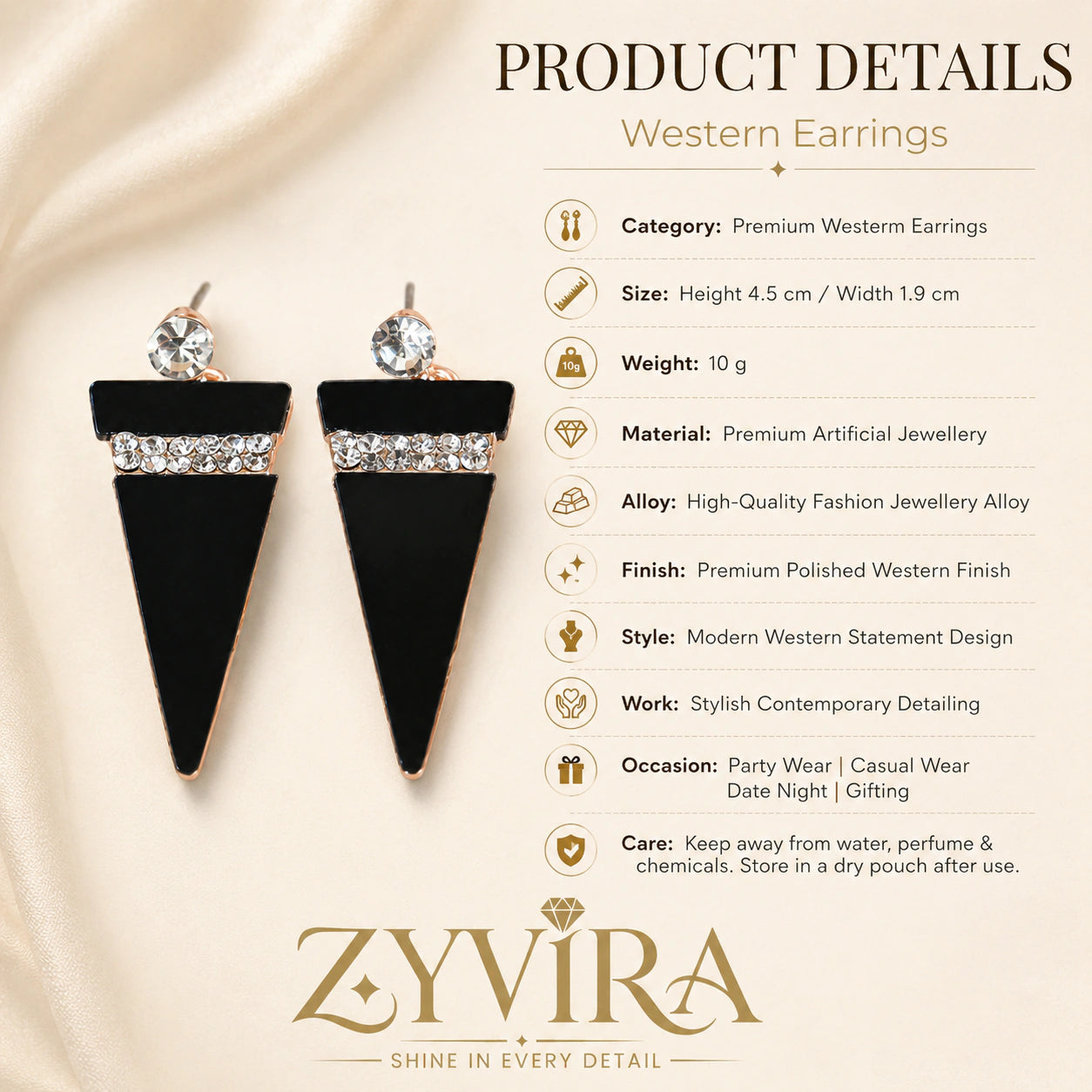 Product details card for black rose-gold crystal geometric earrings