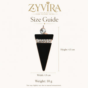 Size guide showing the proportions of black crystal geometric earrings