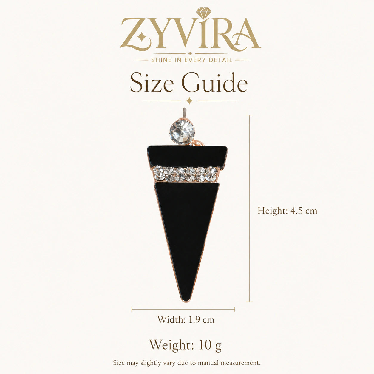 Size guide showing the proportions of black crystal geometric earrings