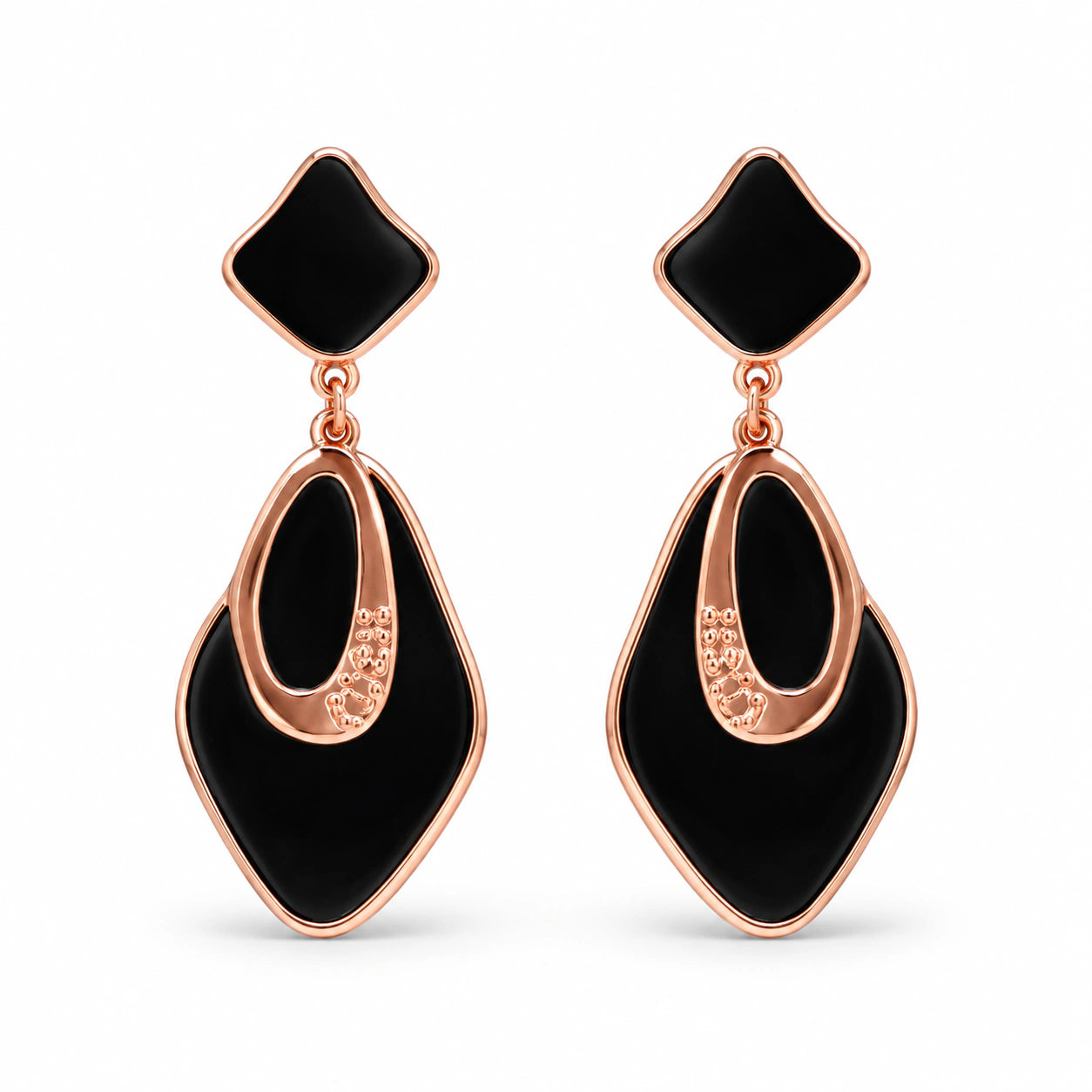 Close-up of black geometric elements and rose-gold finish