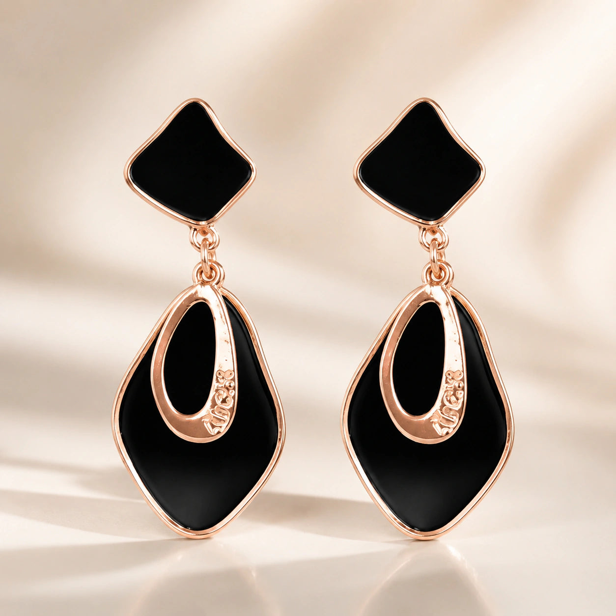 Black rose-gold finish geometric dangle earrings