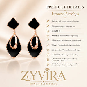 Product details card for black rose-gold geometric earrings