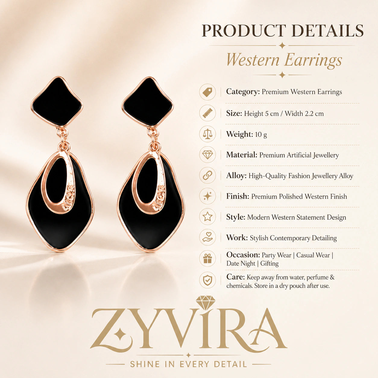 Product details card for black rose-gold geometric earrings