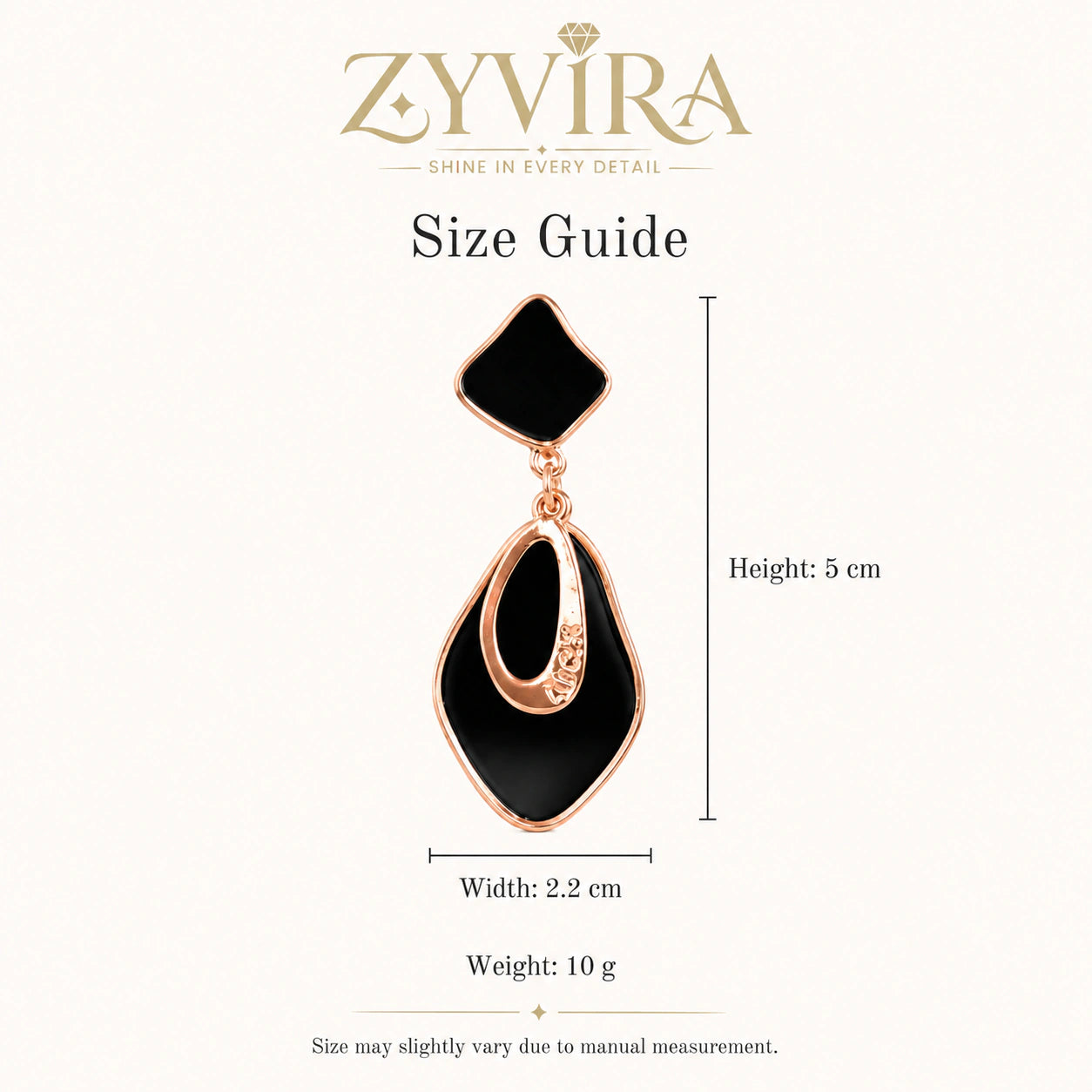 Size guide showing the proportions of black geometric earrings