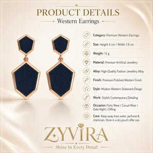 Product details card for black rose-gold geometric earrings