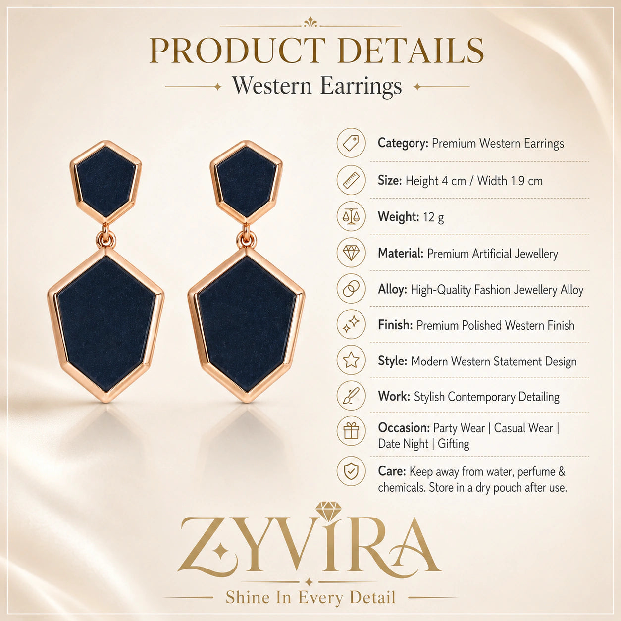 Product details card for black rose-gold geometric earrings