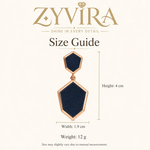 Size guide showing the proportions of black rose-gold earrings