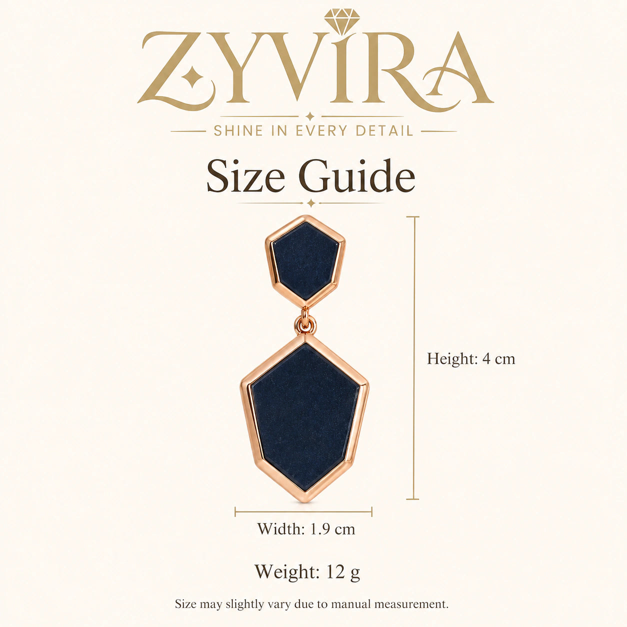 Size guide showing the proportions of black rose-gold earrings