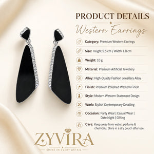 Product details card for black silver crystal geometric earrings