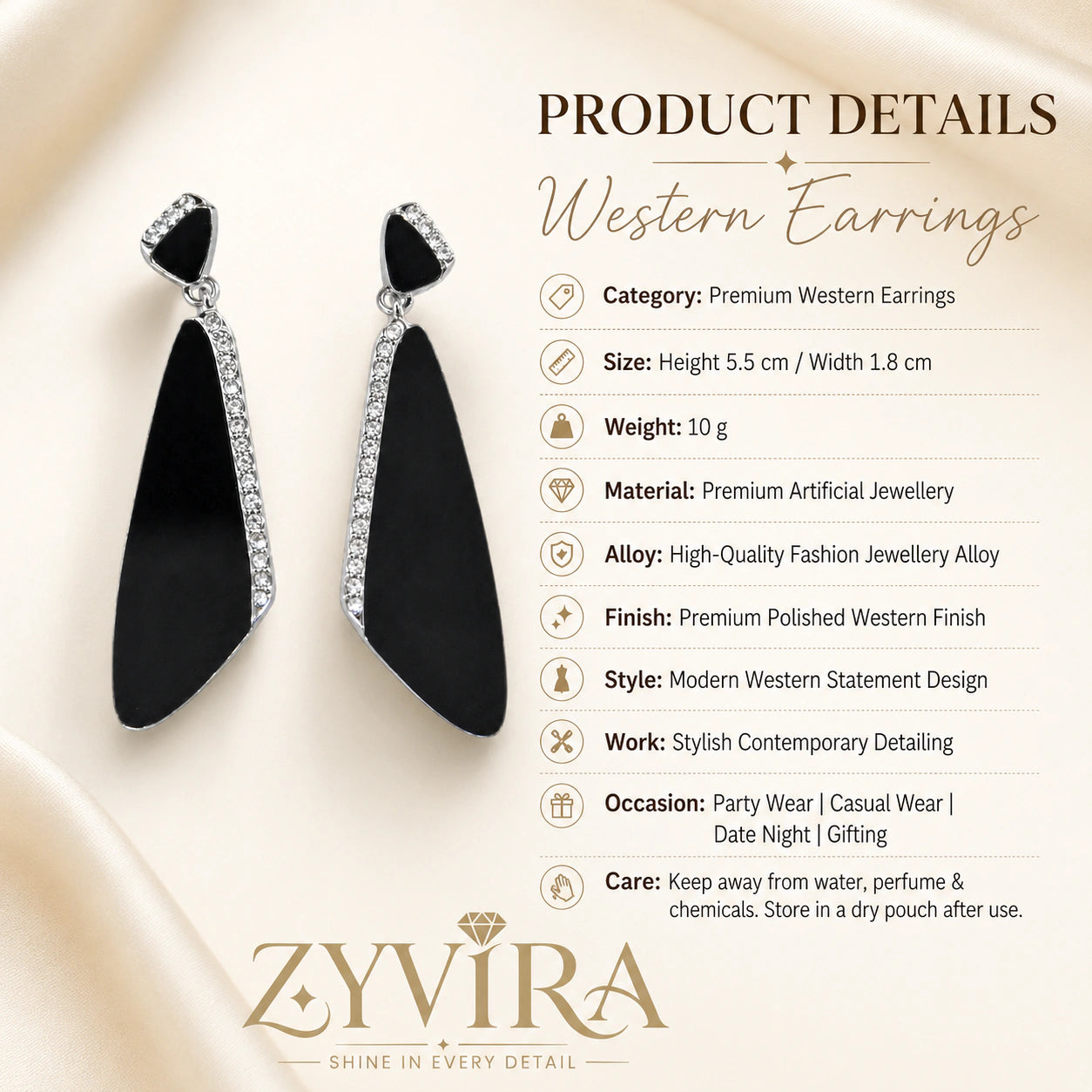 Product details card for black silver crystal geometric earrings