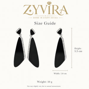 Size guide showing the proportions of black silver geometric earrings