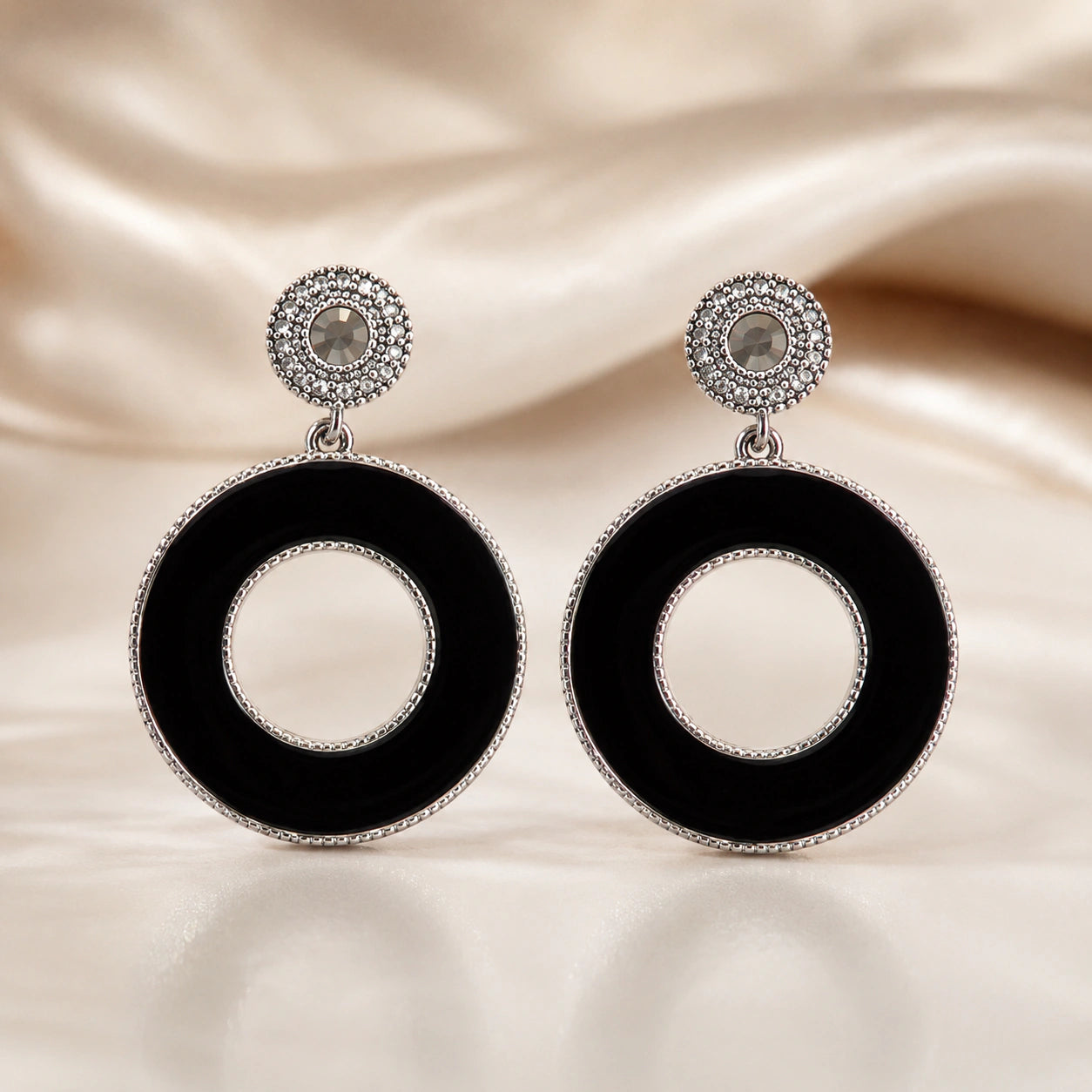 Black silver open-centre Western hoop earrings