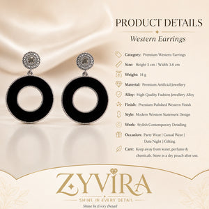 Product details card for black silver open-centre hoop earrings