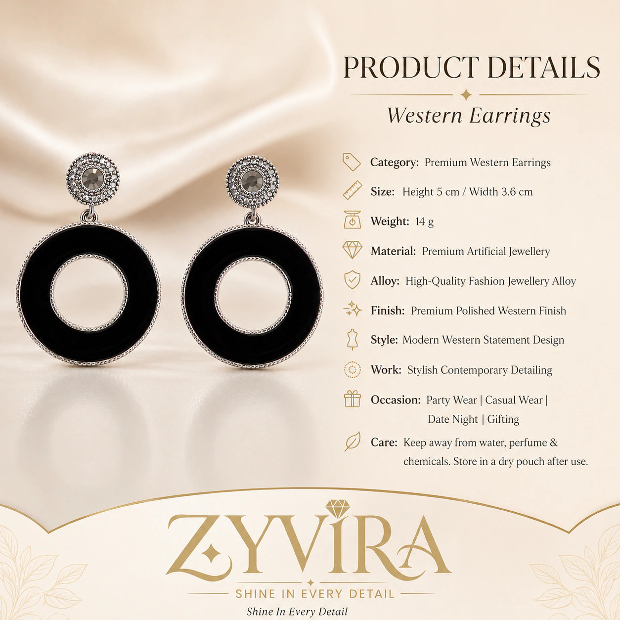 Product details card for black silver open-centre hoop earrings
