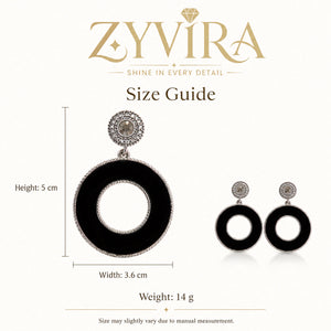 Size guide showing the proportions of black silver hoop earrings