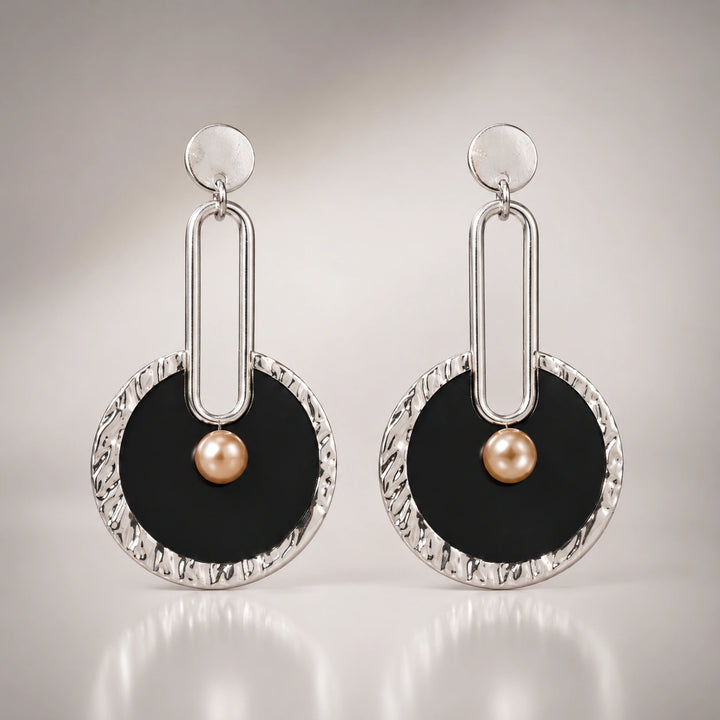 Western black silver pearl-style statement dangle earrings