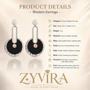 Product details card for black silver pearl statement earrings