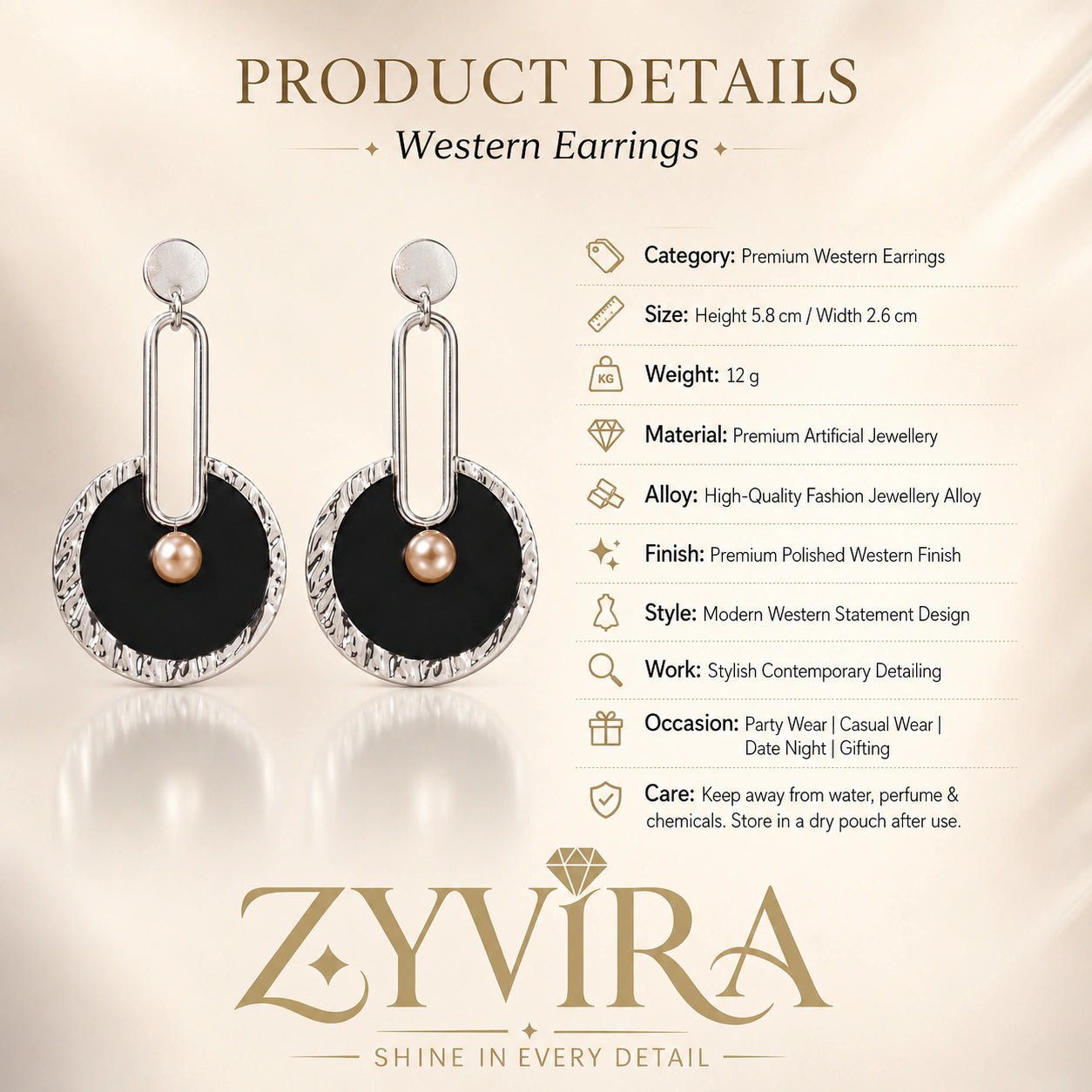 Product details card for black silver pearl statement earrings