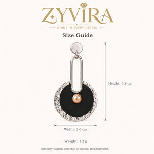 Size guide showing the proportions of black silver pearl earrings
