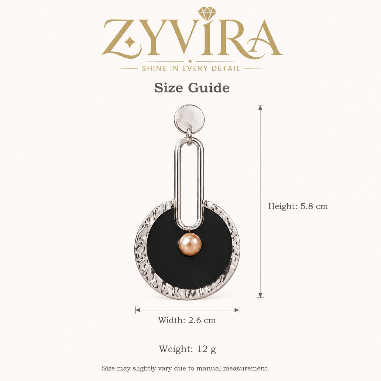 Size guide showing the proportions of black silver pearl earrings