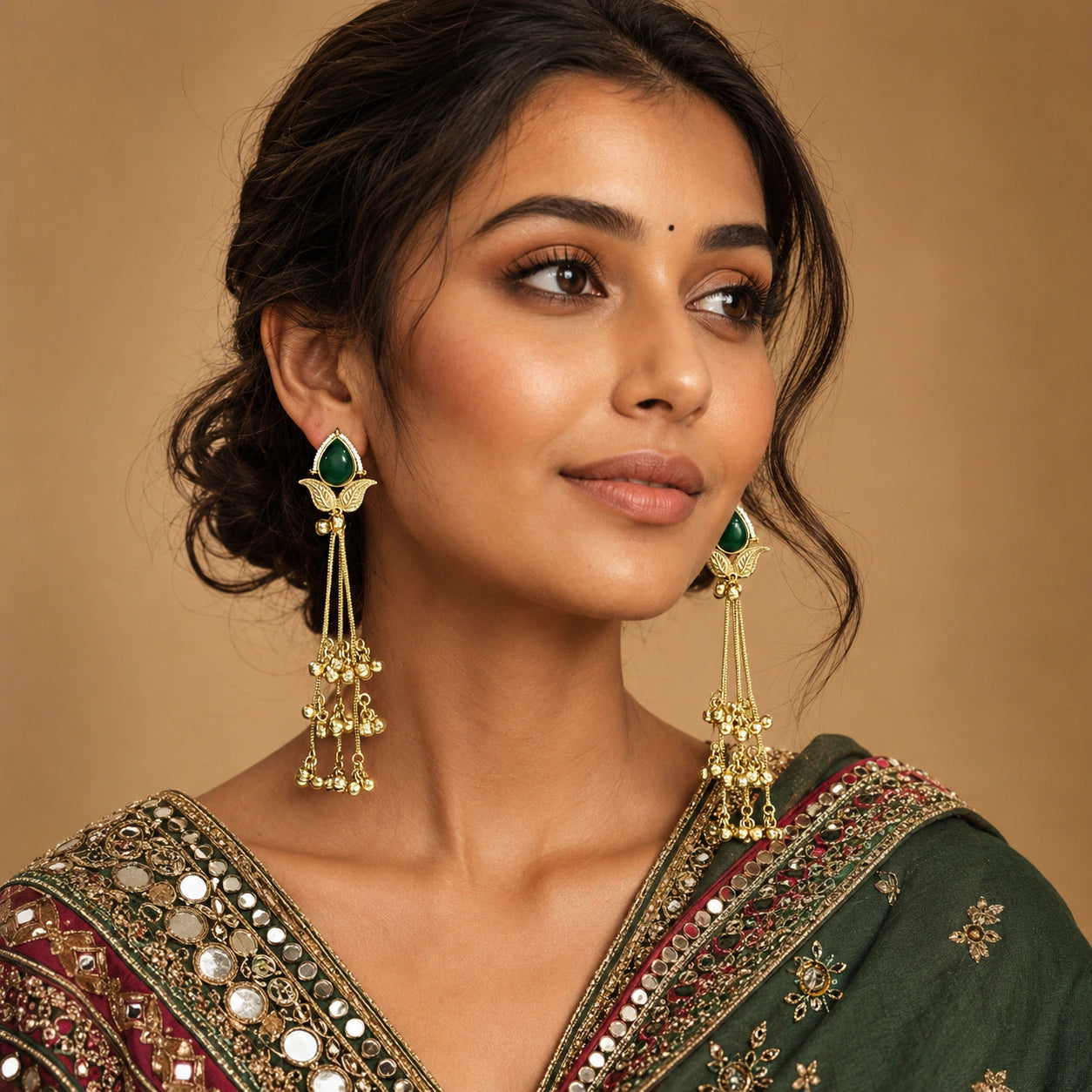 Alternate product view of brass-gold green Kundan pearl chandelier earrings