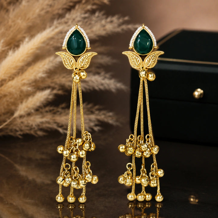 Kashmiri brass gold green Kundan pearl chandelier earrings