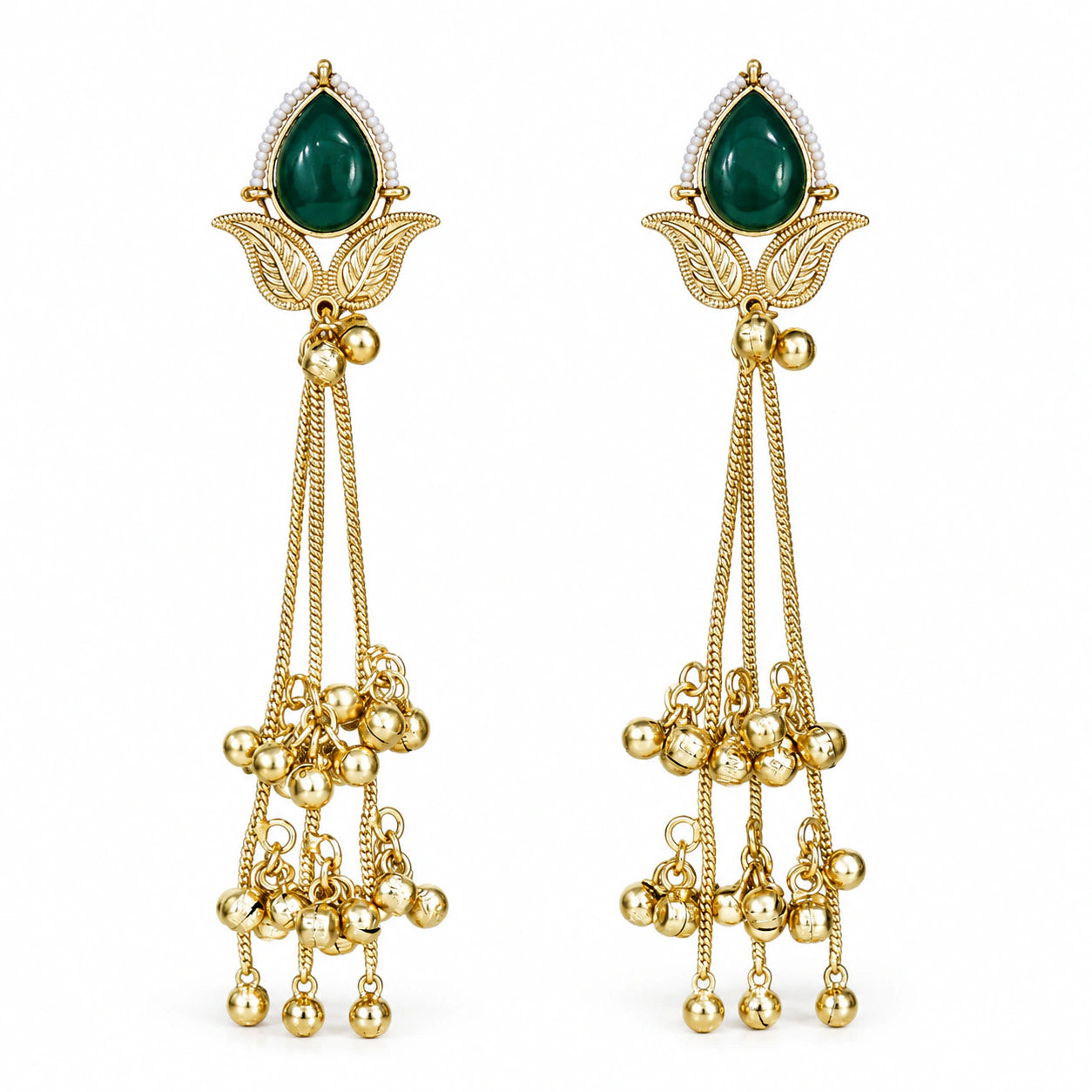 Brass-gold green Kundan pearl chandelier statement earrings worn by a model