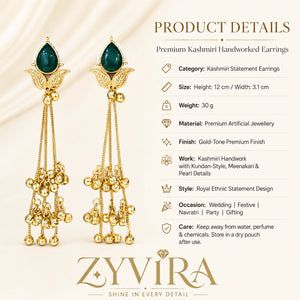 Product details card for brass-gold green Kundan chandelier earrings with pearls