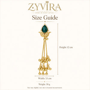 Size guide showing the proportions of green Kundan pearl chandelier earrings