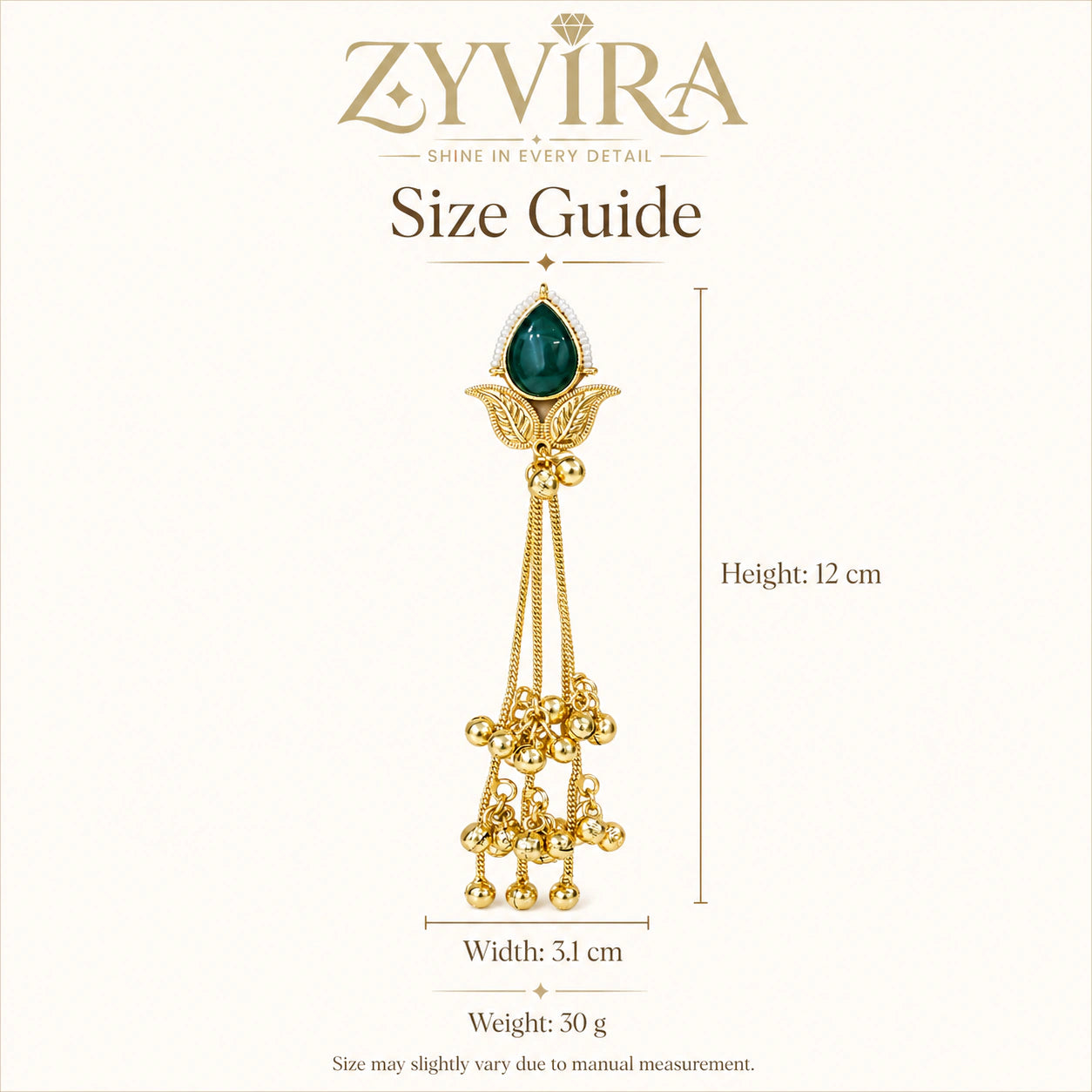 Size guide showing the proportions of green Kundan pearl chandelier earrings
