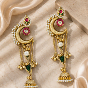 Alternate view of brass-gold Kundan pearl chandbali jhumka statement earrings