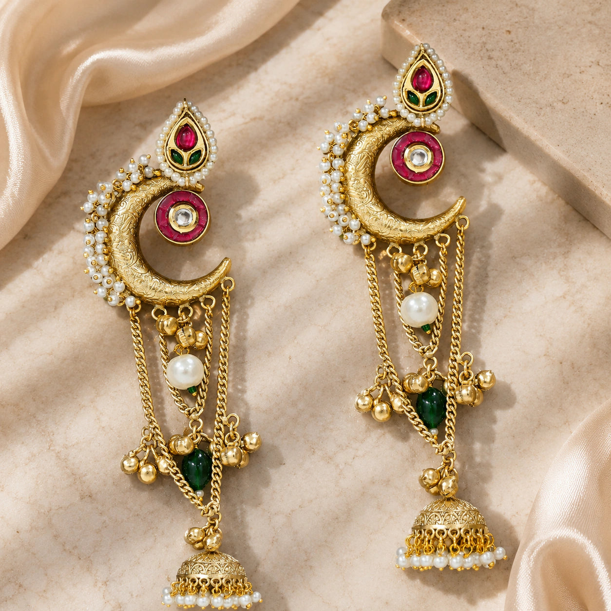 Alternate view of brass-gold Kundan pearl chandbali jhumka statement earrings