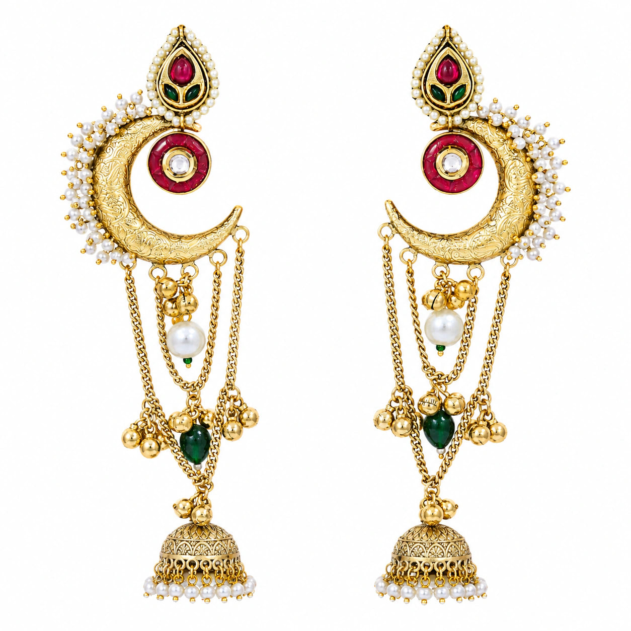 Angled view of brass-gold Kundan pearl chandbali jhumka earrings
