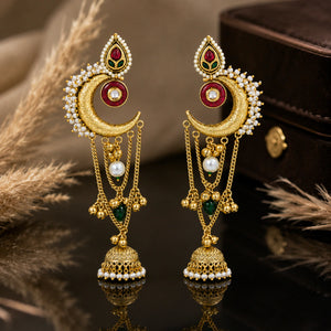 Kashmiri brass gold Kundan pearl chandbali jhumka earrings