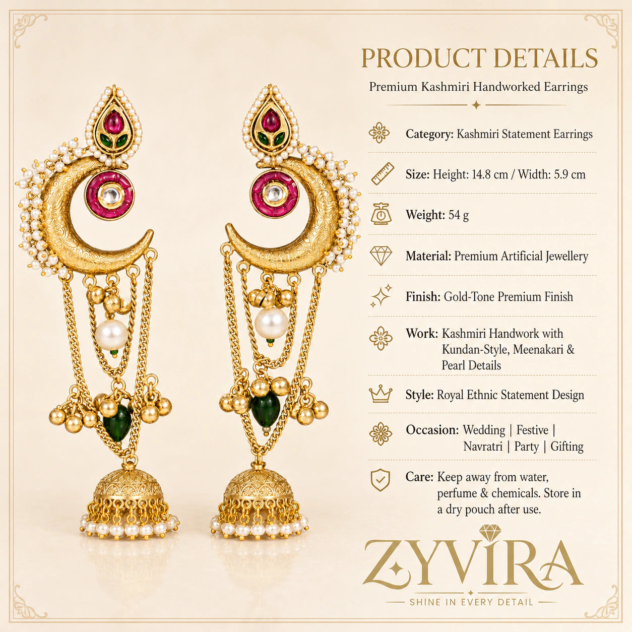Product details card for brass-gold Kundan chandbali jhumka earrings with pearls