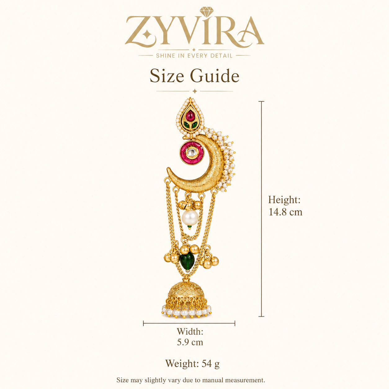 Size guide showing the statement proportions of brass-gold chandbali jhumka earrings