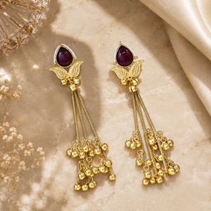 Alternate detail view of brass-gold maroon Kundan pearl chandelier earrings