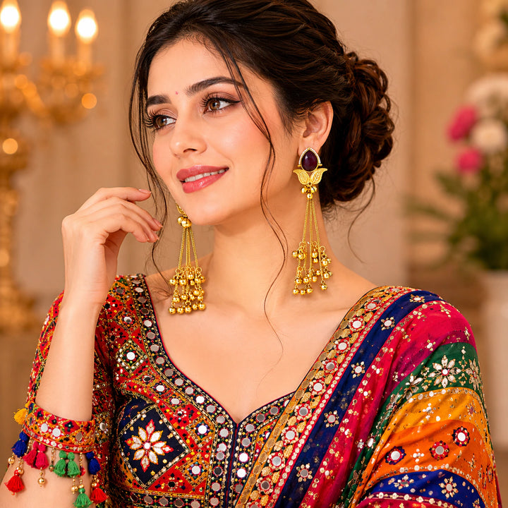 Alternate product view of brass-gold maroon Kundan pearl chandelier earrings