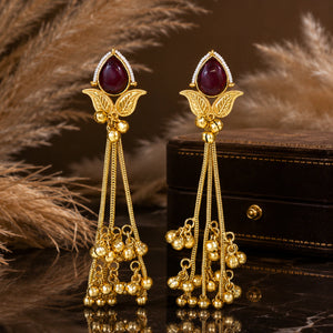 Kashmiri brass gold maroon Kundan pearl chandelier earrings