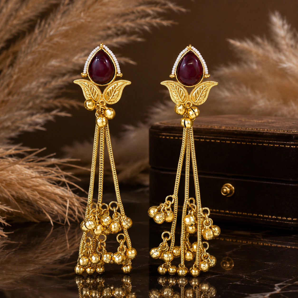 Kashmiri brass gold maroon Kundan pearl chandelier earrings