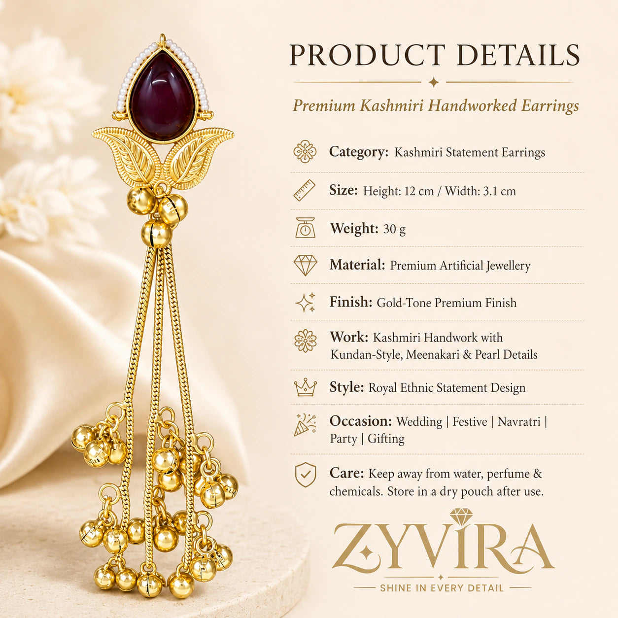 Product details card for brass-gold maroon Kundan pearl chandelier earrings