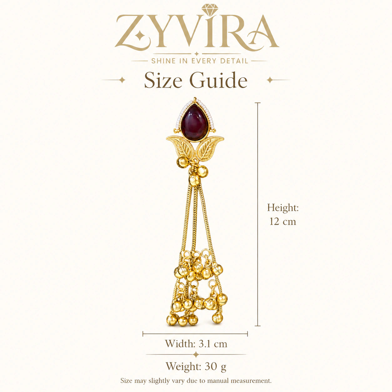 Size guide showing the proportions of maroon Kundan pearl chandelier earrings