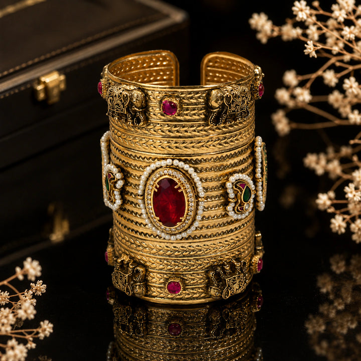 Elephant-motif red Kundan handwork Kashmiri kada bracelet