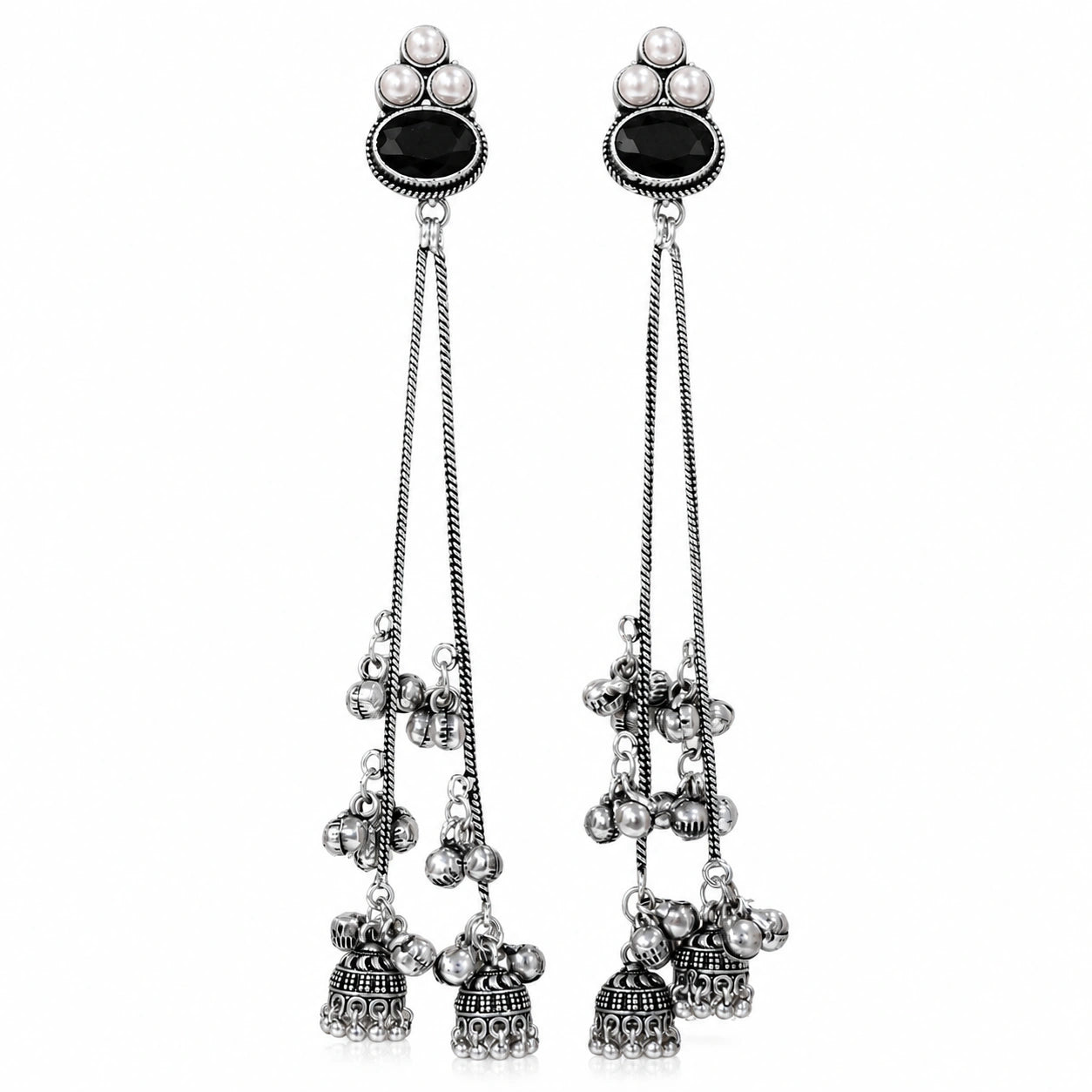 Alternate product view of German silver black pearl-style jhumka earrings
